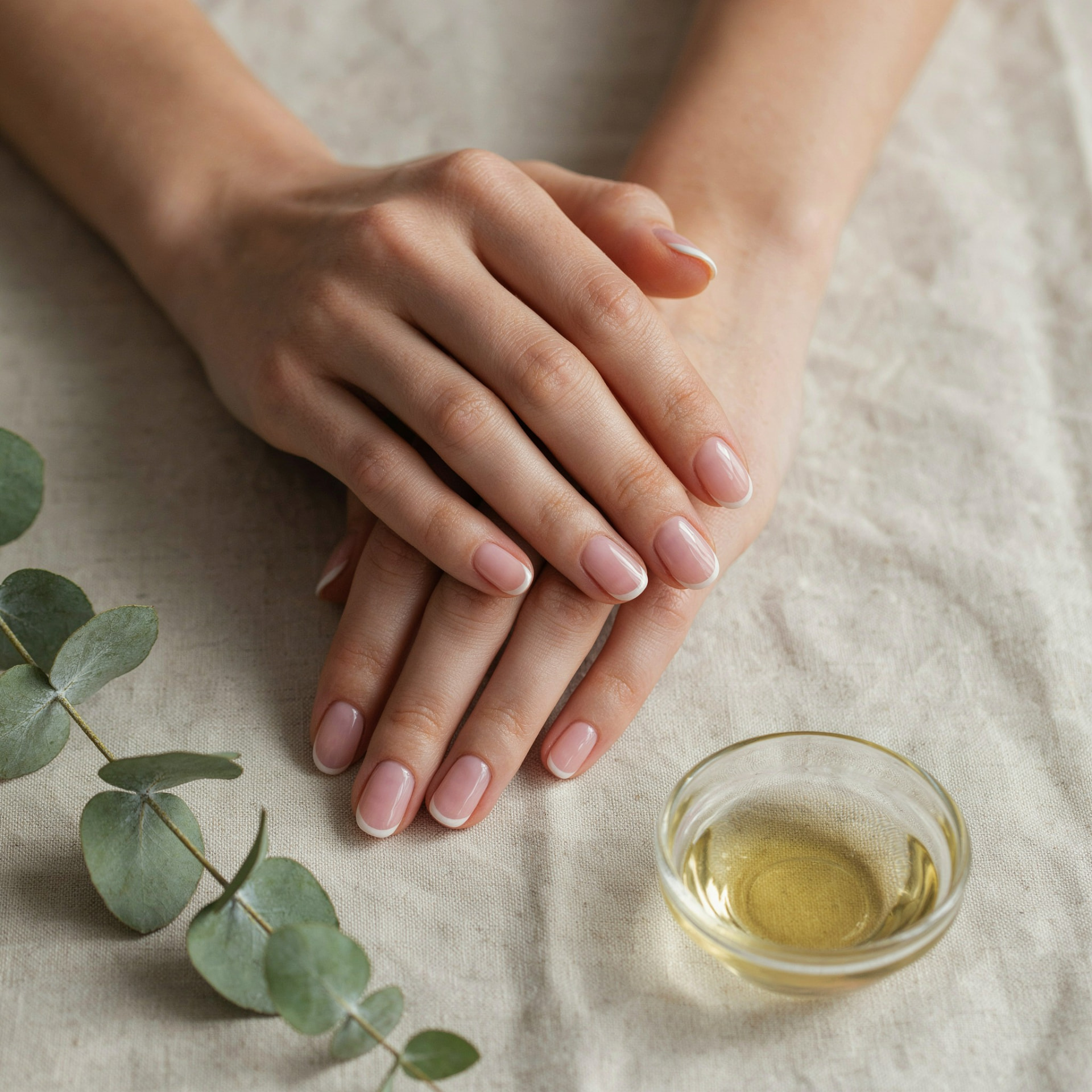 Mãos com manicure francesa posadas sobre linho, com eucalipto e óleo de cutícula